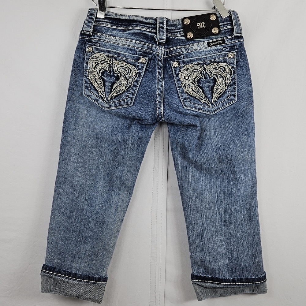 Miss Me angel wing rhinestone bling sewn folded capri jeans JE5436P3 size 26